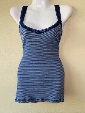 Y2K Blue White Stripe Lace Trim Twilight Layering Tank Top Size L